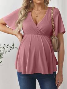 SHEIN Maternity Simple Elegant Solid Color Ruffle Hem Short Sleeve T-Shirt - Dusty Pink - View 5