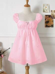 SHEIN Unity Square Neck Tie Front Hollow Out Embroidered Floral Mini Dress, Vacation Style - Pink - View 1