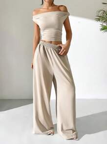 SHEIN EZwear 女式不对称领口上衣和裤子两件套，夏季 - 杏色 - 查看 4