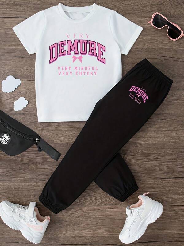 Tween Girl Letter Print Short Sleeve T-Shirt & Pants 2 Pieces Set