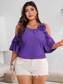 Celure Plus Cold Shoulder Ruffle Trim Blouse For Summer For New Year Clothes - Purple - View 4