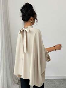 Selianne 时尚蝙蝠袖黑色优雅宽松设计金色蕾丝边女式衬衫，适合春夏季 - 米色 - 查看 2