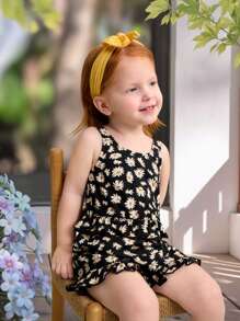 SHEIN Baby Girls' Casual Comfortable Ruffled Floral Graphic Vest And Shorts 2 Pieces Set - Pink - View 4