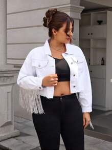 SHEIN Essnce Plus Size Solid Color Fringe Decor Distressed Casual Long Sleeve Denim Jacket