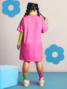 Nick 90s | SHEIN Plus Size Cartoon Portrait Printed Casual Short Sleeve Dress - Hot Pink - View 2