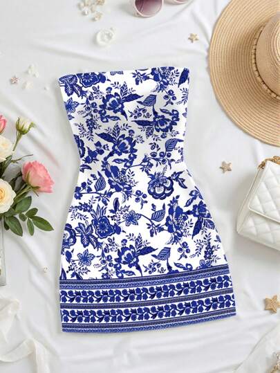 Women's Floral Print Strapless Casual Vacation Dress