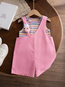 SHEIN Genkimix Kids 女童夏季新款休闲上衣和背带短裤套装，条纹上衣搭配粉色吊带裤，饰有可爱的熊心图案，百搭甜美，适合女孩穿着。可爱套装，女童夏季服装，适合年轻女孩夏季度假穿着。 - 玫紅色 - 查看 3