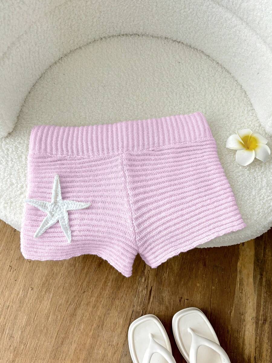 Elamini Starfish Pattern Elastic Waist Knitted Pink Shorts