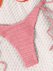 Swim Mod Vacation Beach Lemon Crochet Bikini Set For Summer - Pink - View 3
