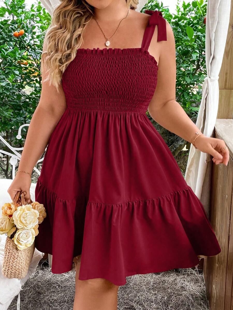 Flirla Vestido casual de talla grande con cordón de amarre en los tirantes, unicolor - Burdeos - Ver 1