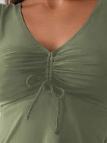 SHEIN Swim 女士纯色抽绳腰荷叶边袖坦基尼两件套泳衣，非常适合度假 - 橄欖綠 - 查看 4