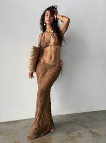 Swim Glamine Bộ bikini gợi cảm buộc dây màu trơn đi biển mùa hè dành cho nữ kèm váy che - màu nâu - Xem 2