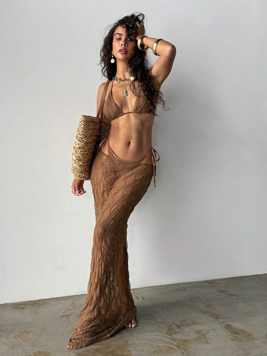 Swim Glamine Bộ bikini gợi cảm buộc dây màu trơn đi biển mùa hè dành cho nữ kèm váy che