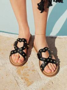 Styleloop Square Toe Minimalist Slip-On Sandals, Summer Holiday Beach Wear - Black - View 4
