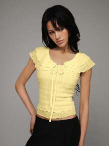 SHEIN Unity 夏季休闲度假荷叶边下摆纯色短袖 T 恤 - 黃色 - 查看 5