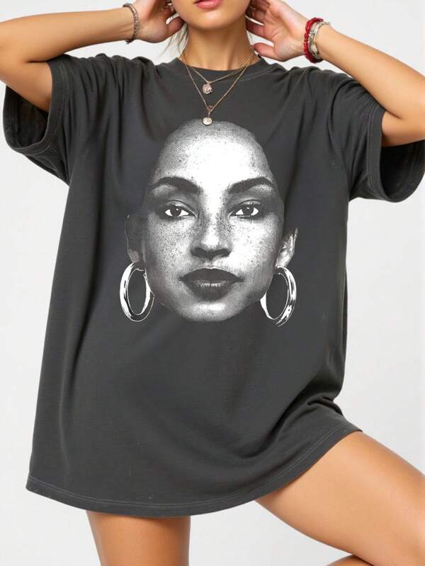 INAWLY Solva Plus Size Portrait Print Casual Summer Holiday Round Neck Short Sleeve T-Shirt
