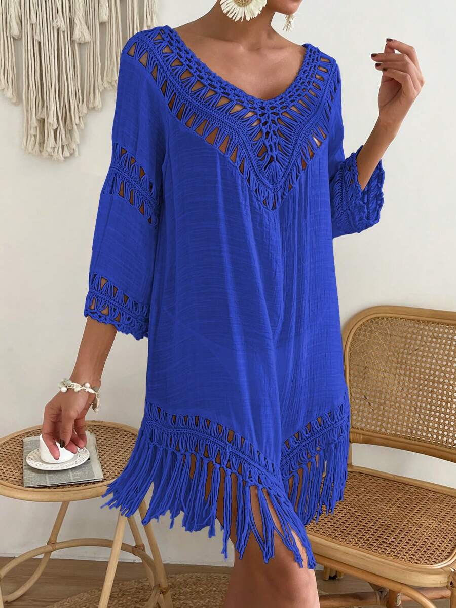 Breezaya Women's Vacation Hand Crocheted Short Sleeve Shawl, Fashionable Suitable For Summer