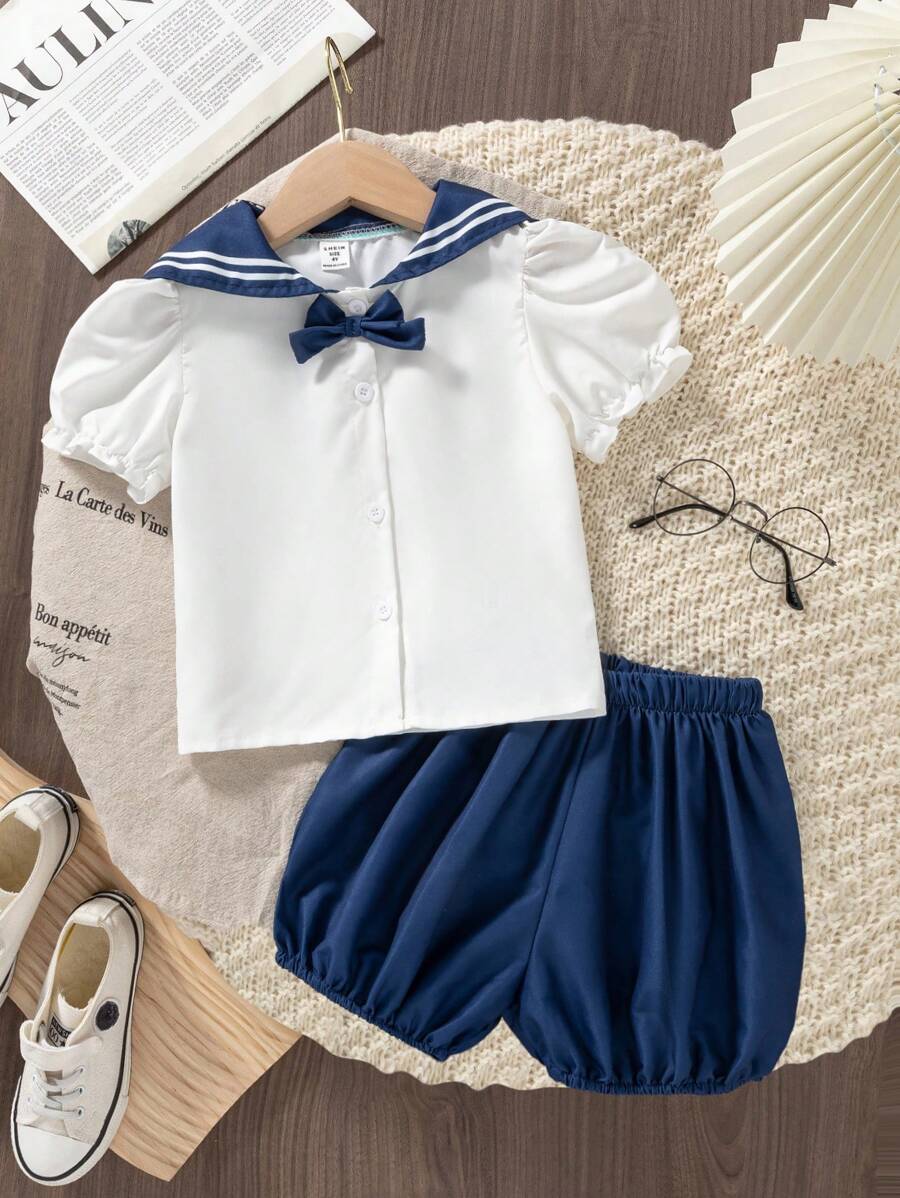 SHEIN Young Girls Navy Collar Short Sleeve Shirt + Floral Bloomers Shorts Two Pieces Set - Multicolor - View 1