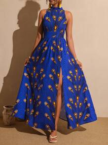 Vesra Women's Elegant All Over Print Halter Neck Split Hem Casual Mini Dress For Summer Commuting - Blue - View 3