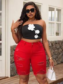 SHEIN SXY Pantaloni scurți din blugi versatili, cu dimensiuni plus, ținute de vară pentru femei, pantaloni scurți roșii, ținute scurte pentru femei, ținute de vară pentru femei, ținute de festival, ținute elegante de vacanță, pantaloni scurți de motociclist pentru femei, haine de vară pentru femei, pantaloni scurți de jeans pentru femei