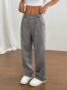 Flirla 1 pieza Pantalones casuales de color caqui asimétricos en la cintura para uso diario, ir al trabajo y de compras para mujeres - Gris Claro - Ver 5