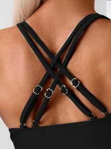 SHEIN Swim Random Tropical Plant Print Tankini Swimsuit Set For Summer Beach Vacation - Black - View 4