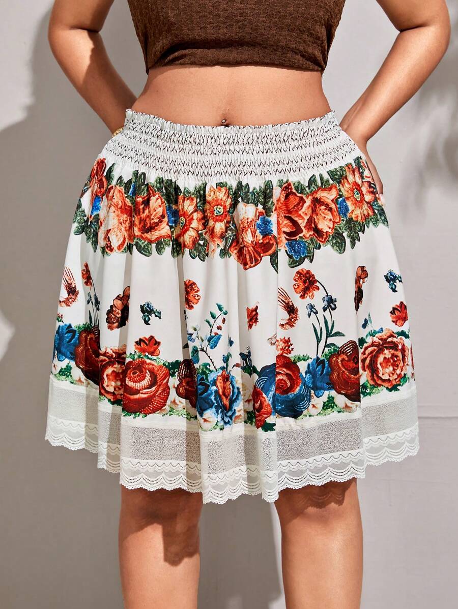 Flirla Plus Size Women Bohemian Floral Print Ruffled Lace Patchwork Mini Skirt, Suitable For Music Festivals, Spring/Summer - Multicolor - View 1