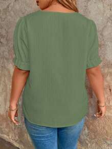 SHEIN Clasi Plus Size Women Solid Color V-Neck Short Puff Sleeve Blouse - Army Green - View 2