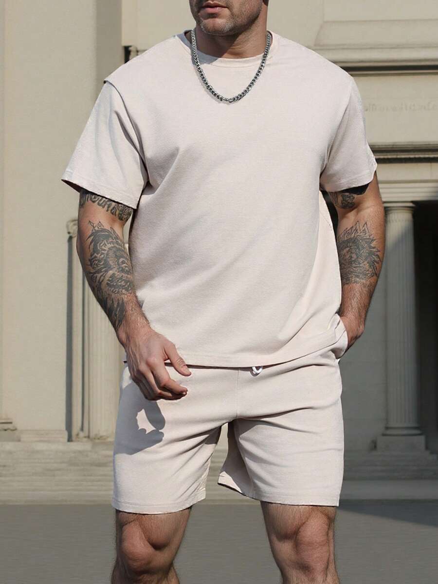 Manfinity Homme Plus Size Men 2pcs Set Solid Color Crew Neck Short Sleeve T-Shirt And Shorts - Apricot - View 1