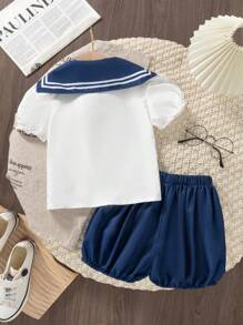 SHEIN Young Girls Navy Collar Short Sleeve Shirt + Floral Bloomers Shorts Two Pieces Set - Multicolor - View 2