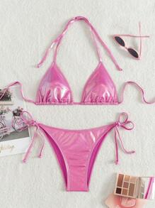 Vacation Beach Solid Color Bikini Swimsuit For Summer - Pink - View 1