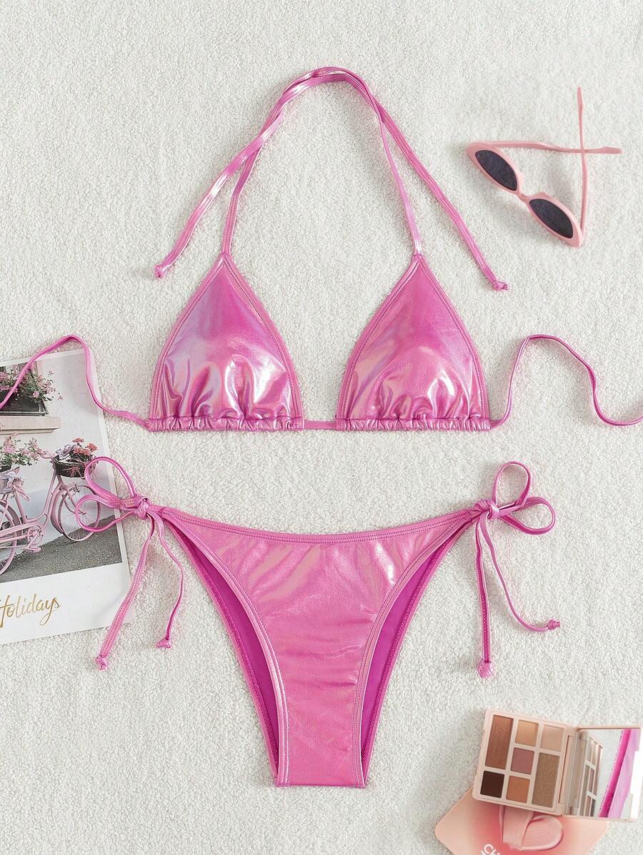 Vacation Beach Solid Color Bikini Swimsuit For Summer - Pink - View 1