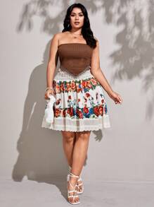 Flirla Plus Size Women Bohemian Floral Print Ruffled Lace Patchwork Mini Skirt, Suitable For Music Festivals, Spring/Summer - Multicolor - View 2