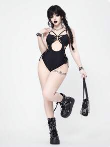 ROMWE Goth 1pc Women's Solid Color Hollow-Out Sexy Backless Monokini Swimsuit, Vacation