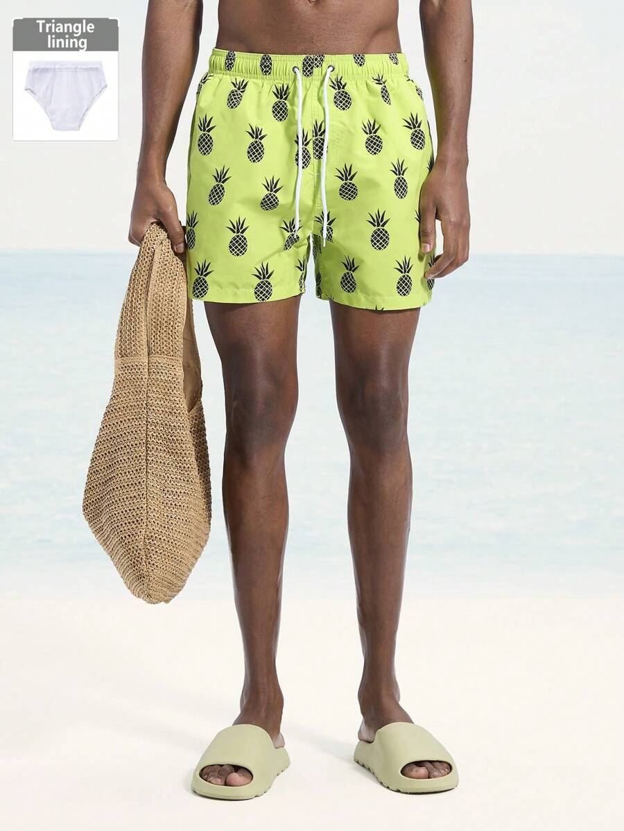 Surfspeed Celana Pendek Pantai Pria Motif Nanas, Gaya Santai untuk Liburan di Resor - Mint Green - View 1