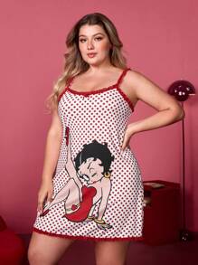 Betty Boop x SHEIN Damen Große Größen süßes, sexy rotes & weißes Spitzen Polka Punkt Nachthemd, Sommer, Urlaub