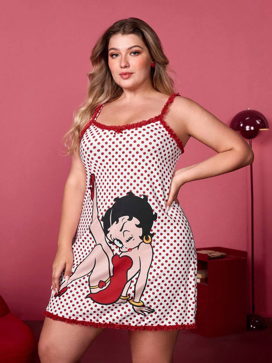 Betty Boop x SHEIN Damen Große Größen süßes, sexy rotes & weißes Spitzen Polka Punkt Nachthemd, Sommer, Urlaub
