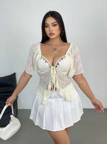 POPSWAY Blusa de talla grande con escote de chal, empalme de cinta, vuelo en el dobladillo y las mangas