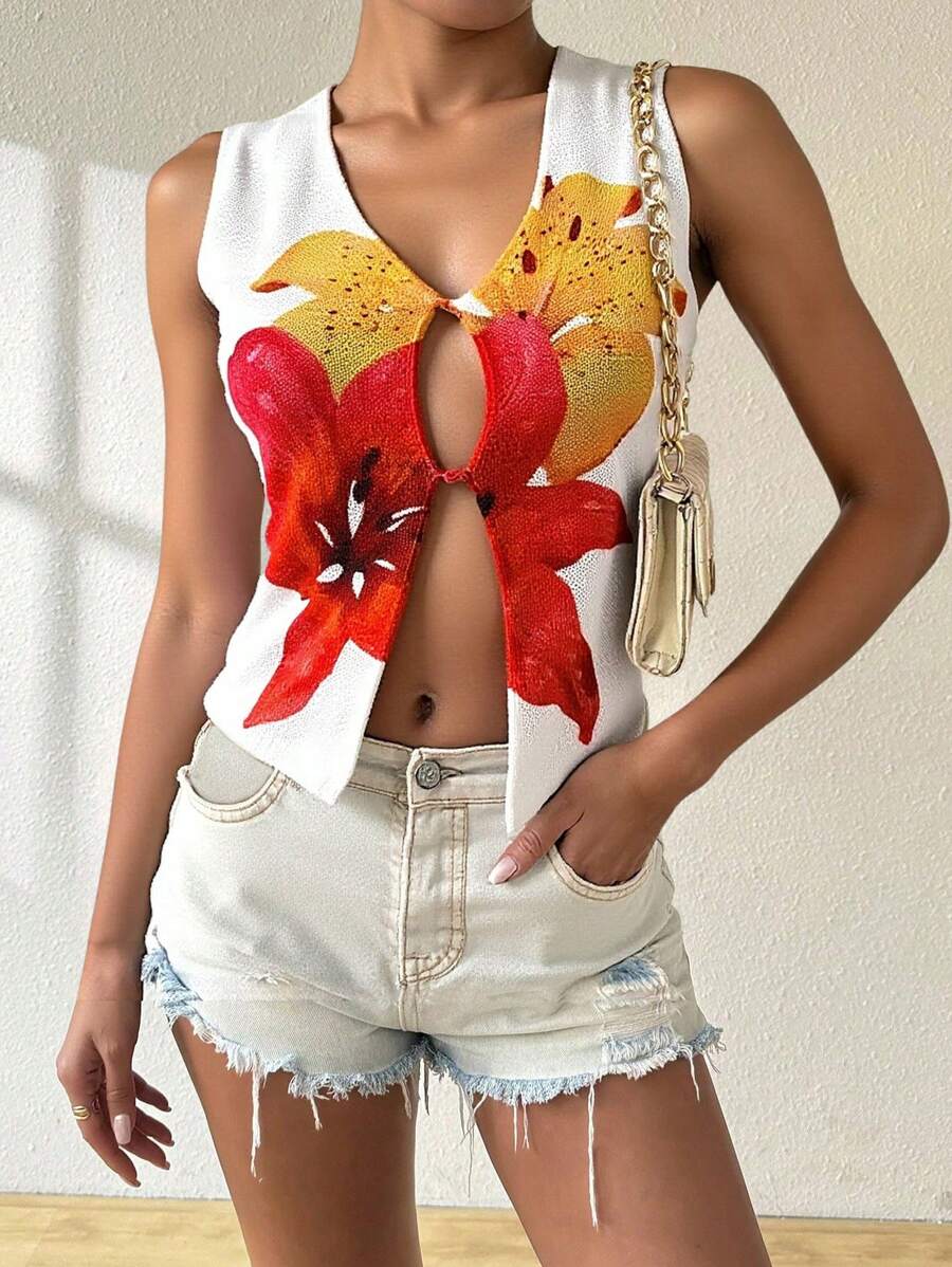 SHEIN Unity 女士夏季 V 领花卉印花镂空无袖针织衬衫 - 黃色 - 查看 1