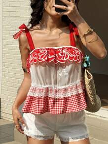 Sunnyshic Red & White Plaid Printing Contrast Lace Casual Camisole For Summer