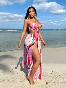 SHEIN SXY Plus Size Women's Hollow Ring Drawstring High Slit Tie Dye Printed Swing Dress, Suitable For Everyday Wear, Music Festival, Concert, Carnival Party, Beach Vacation, Date Night, Birthday, Bachelorette Party Outfit, Club, Cute, Casual, Shopping, Streetwear, Going Out, Coquette, Easy To Match & Look Slim, Accent Your Body, Flatter The Figure - Pink - View 5