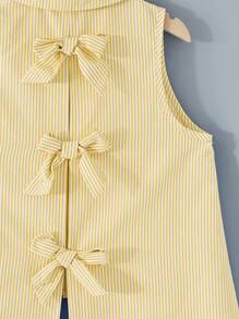 年轻女孩时尚编织条纹不对称下摆休闲衬衫 - 黃色 - 查看 6