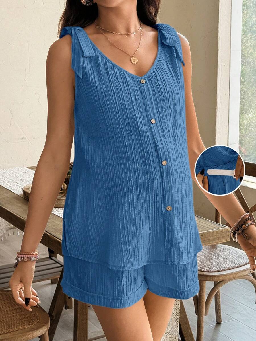 SHEIN 2pcs/Set Maternity V-Neck Sleeveless Casual Top And Shorts Sets - Blue - View 1
