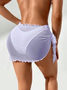 Swim Vcay Women's Summer Beach Solid Color Frill Trim Side Tie Swim Coverup Sarong Skirt - Mauve Purple - View 2