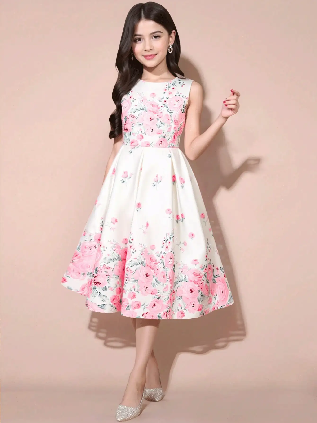 Pitira Pitira Tween Girls' Elegant Floral Print Satin Sleeveless Dress, Summer - Multicolor - View 2