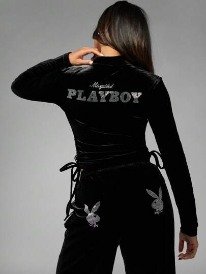 Missguided x Playboy 天鹅绒运动上衣 水钻徽标休闲服 冬季派对夹克 柔软优质街头服饰