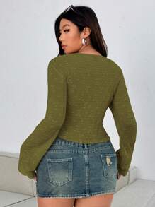 Flirla 大码性感蕾丝长袖T恤，透视修身上衣 - 綠色 - 查看 2