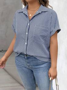 EMERY ROSE Blusa casual holgada de manga corta de murciélago a rayas para mujer de talla grande, camisa a rayas