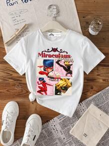Miraculous Ladybug X SHEIN Tween Girl Casual Cartoon Portrait Graphic Round Neck Short Sleeve T-Shirt, Summer - White - View 4