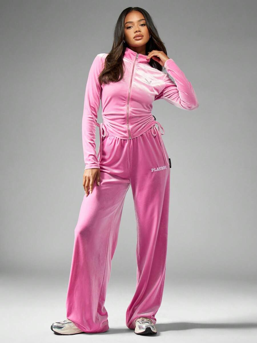 Missguided x Playboy X Premium Athleisure Jogger Pants Ruched Side Drawstring High Rise Wide Leg Loungewear Gym Training Sports Fall Winter - Pink - View 1